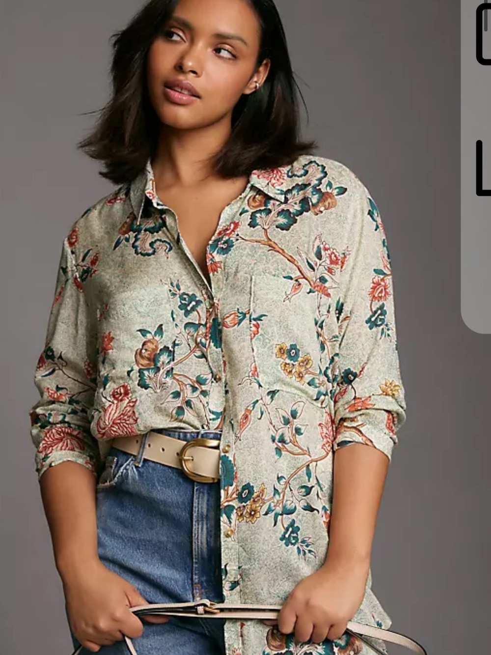 Pilcro Floral Button-Down Shirt in Cream with Green & Rust #1